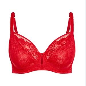 City Chic Red Lace Unlined Underwire Bra/Sheer Detailing & Front Keyhole 44D NWT